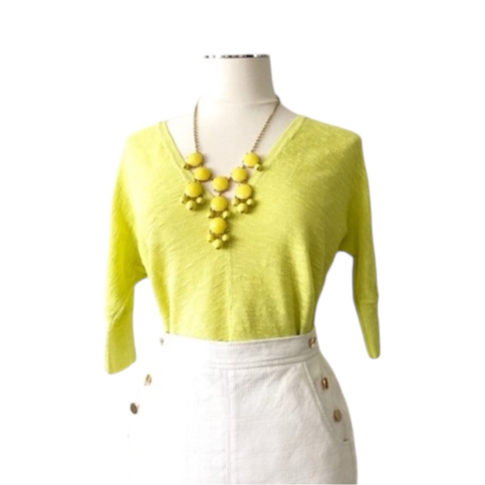 EILEEN FISHER Oversized Honeydew V-Neck Linen Blend Top 3/4 Sleeve Yellow Sz XS